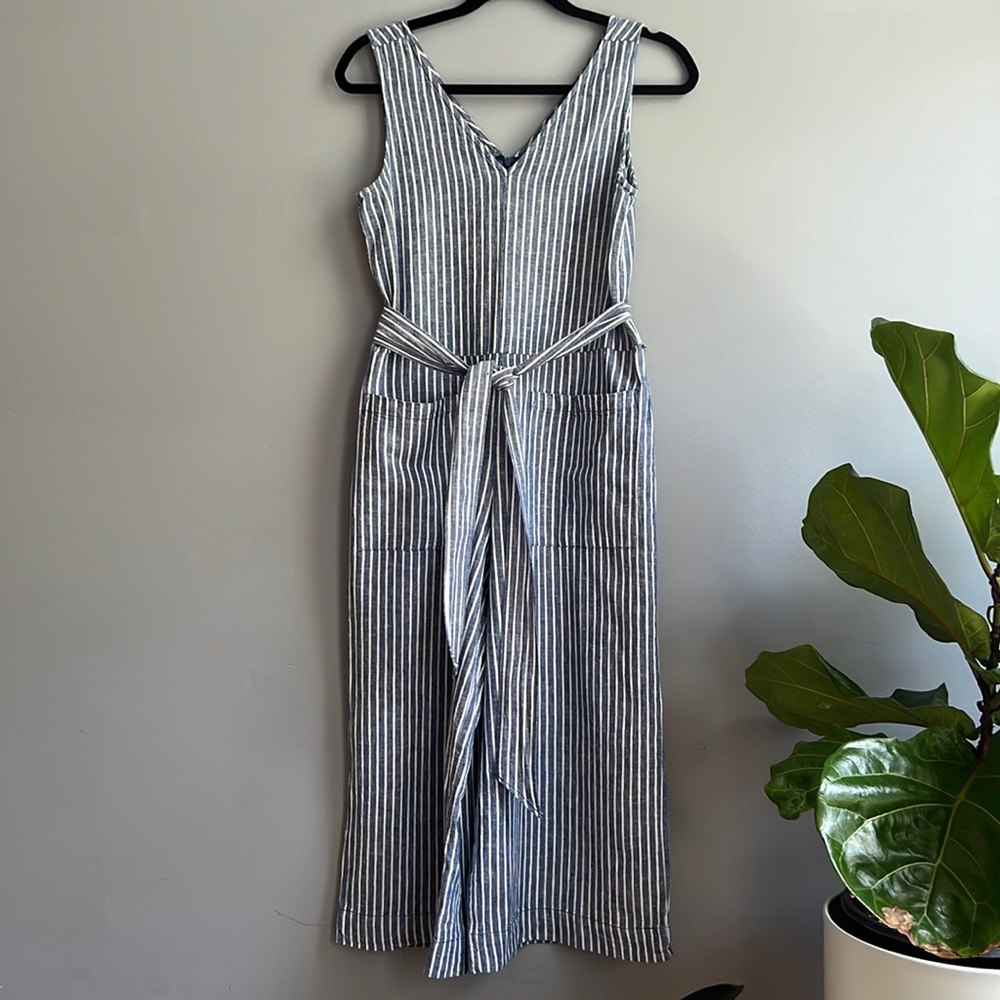 LINEN ROMPER, BLUE/WHITE XS TP, FRONT POCKET , BELT
